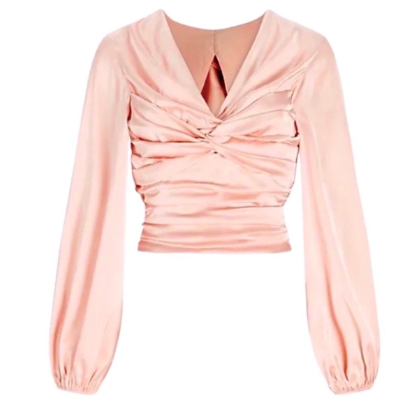 NWT Express Satin Ruched Twist Front Open Back/Bow Side Zip Blouse Top Peach XS - Picture 2 of 9